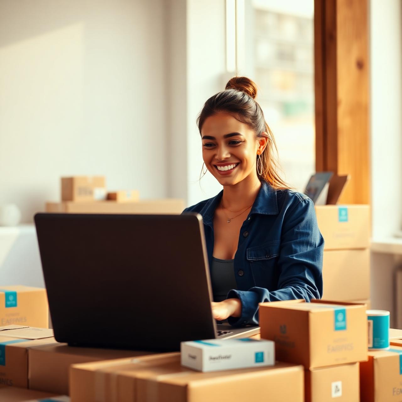 Empreendedora gerenciando sua loja virtual em um ambiente moderno